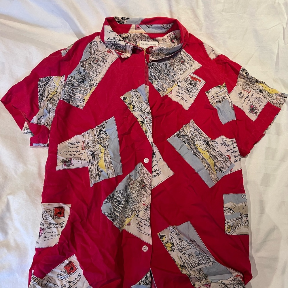Liz Claiborne Red Silk Vintage Travel Postal Card Print Button Down Shirt